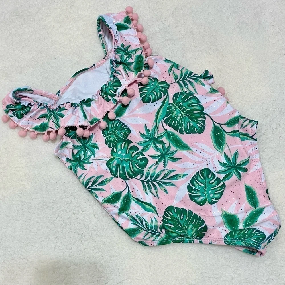 Nicole Miller one piece swimsuit pink w silver glitter green leaf 6x